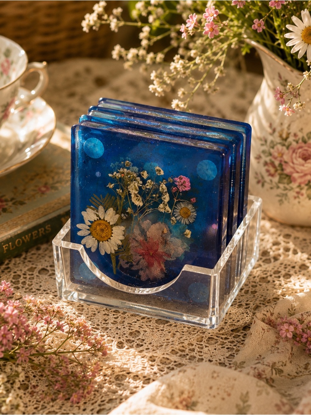 Handmade Botanical Resin Coaster Set | Pressed Wildflowers | Cottagecore Decor